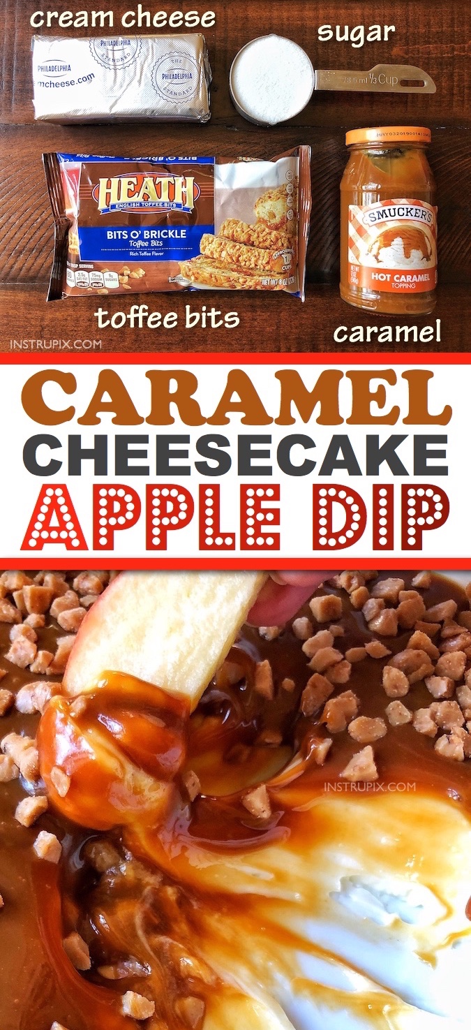 Easy No Bake Caramel Cheesecake Apple Dip -- the BEST dessert dip recipe for parties! Perfect for Christmas and Thanksgiving, and it's crowd pleasing. It's make ahead, cold and delicious. Just 4 simple ingredients!