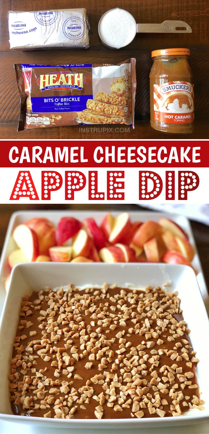 Looking for no bake holiday dessert recipes for a party? This caramel apple cheescake dip is made with just a few simple ingredients: cream cheese, caramel, sugar and toffee bits. It's always a hit for parties or family gatherings especially during the holidays like Christmas or Thanksgiving. This yummy treat is no bake, make ahead, quick, cheap and easy to make! Perfect for feeding a crowd. It works as both an appetizer and dessert. Serve with sliced apples. A yummy fall dessert idea! 