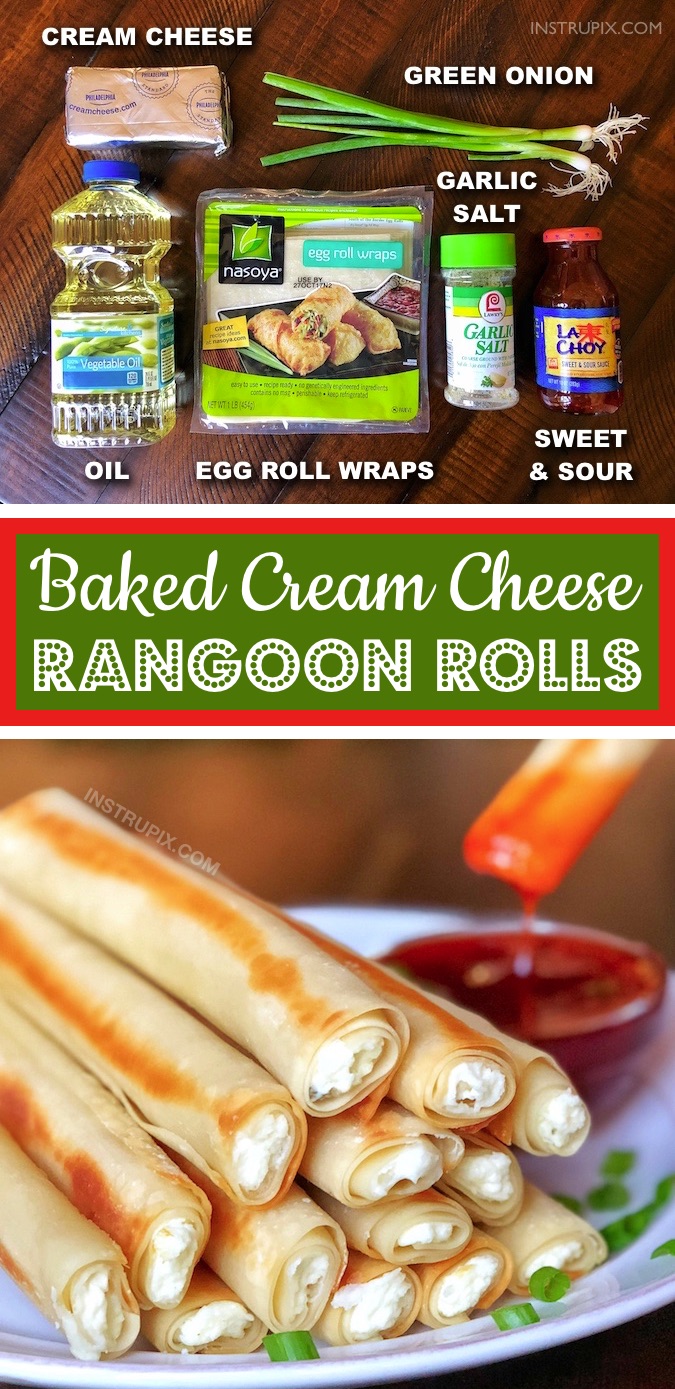 If you like cream cheese recipes, then you are going to love these baked cream cheese rangoon rolls! They taste just like the ones from Panda Express. They are quick and easy to make with simple ingredients including egg roll wraps. They are an incredibly delicious snack, party appetizer or even game day food. A family favorite. Adults and kids love these! Some serious savory comfort food that everyone will love. Dip them in sweet and sour sauce for the ultimate snack. #snackideas #creamcheese