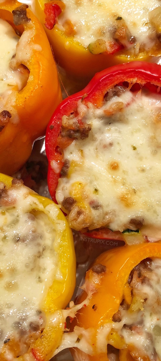 The BEST easy stuffed bell peppers recipe, ever! Using ground beef (or ground turkey), cheese, garlic, zucchini, corn, tomatoes and rice! Bake them in the oven, and enjoy this easy and healthy dinner recipe for the family. Instrupix.com