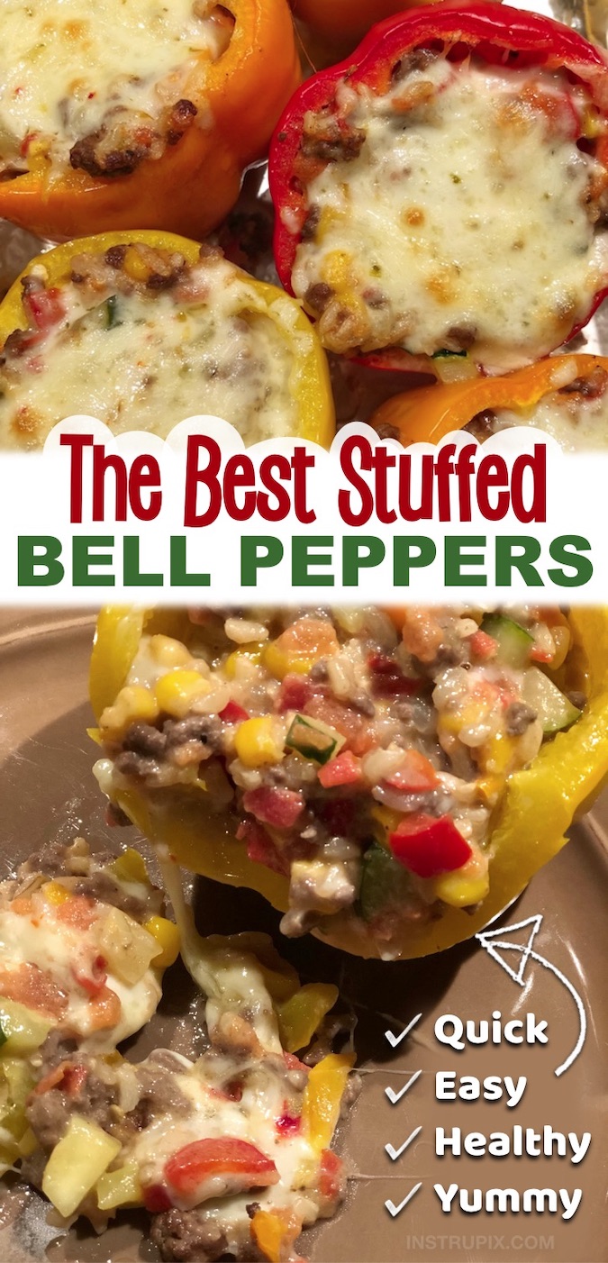 Looking for simple dinner recipes? Try these super quick and easy stuffed bell peppers! They are made with just a few ingredients including ground beef, cheese, corn, zucchini, rice, tomatoes and cheese. They are not only super delicious, but also healthy and gluten free. Leave out the rice to make them low carb and keto friendly. Your entire family will enjoy this easy weeknight meal. You can even make them ahead and then just throw them in the oven. Gotta love easy ground beef dinner recipes.