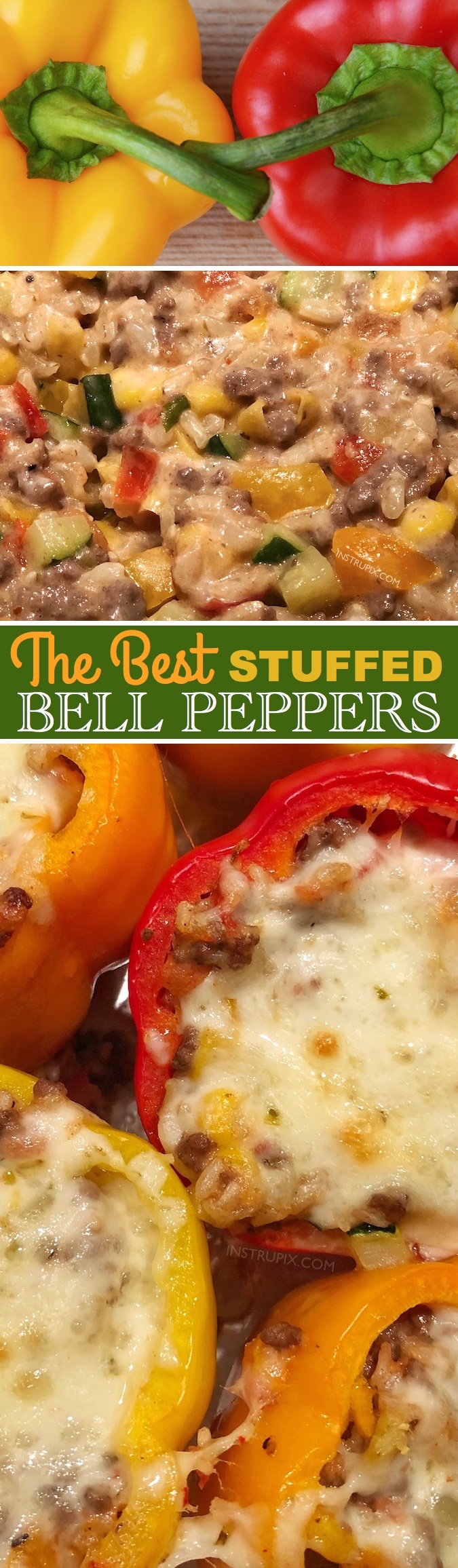 The BEST easy stuffed bell peppers recipe, ever! Using ground beef (or ground turkey), cheese, garlic, zucchini, corn, tomatoes and rice! Gluten free! Bake them in the oven, and enjoy this easy and healthy dinner recipe for the family. Instrupix.com