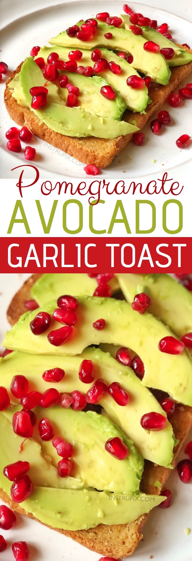 Winter Breakfast Idea! Simple Healthy Avocado Toast Breakfast Recipe made with pomegranate seeds! This is also delicious for lunch or a mid day snack. Healthy pomegranate recipe. Perfect for Christmas and holidays! Even the kids will love this. Instrupix.com 