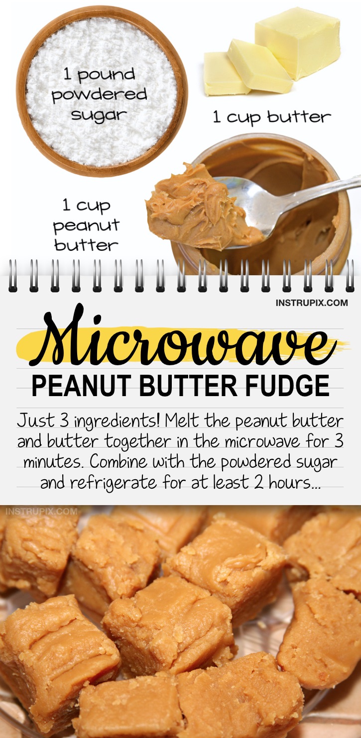 Quick and easy microwave peanut butter fudge recipe - A simple 3 ingredient dessert idea for a crowd! Made with just peanut butter, butter and powdered sugar. No bake, no hassle, no fuss. Great for the holidays!