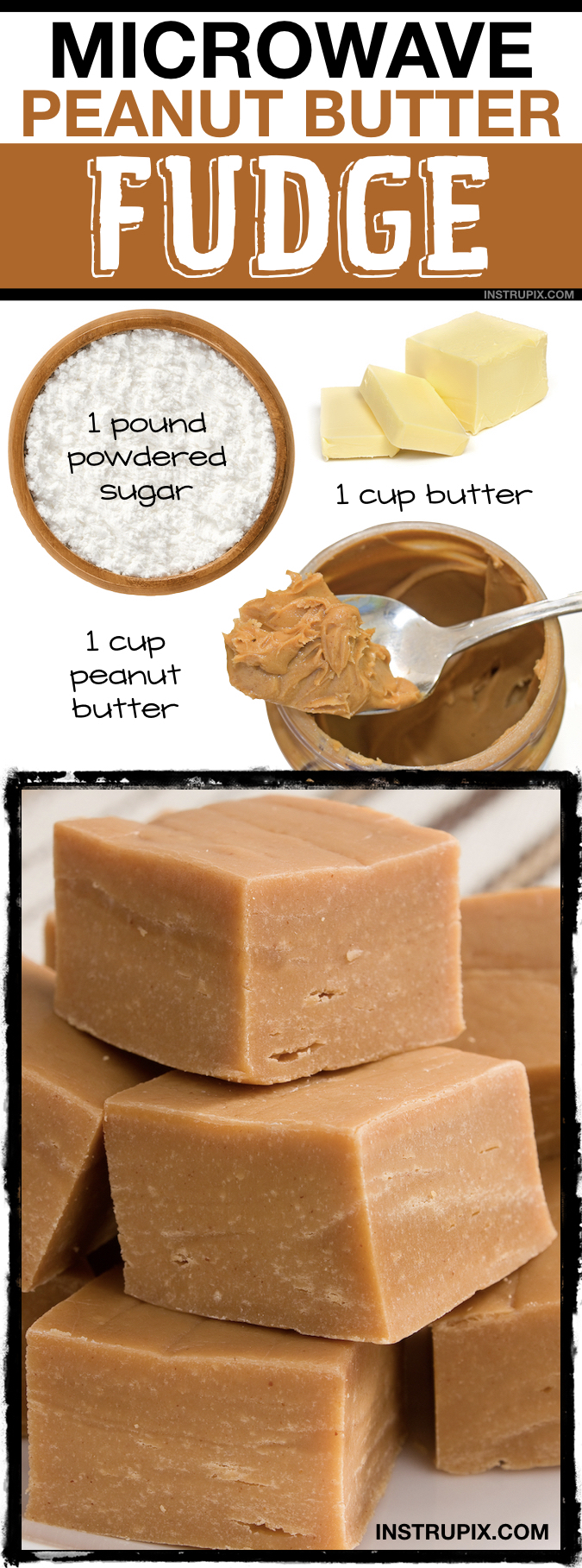 Quick and easy dessert recipe for a crowd: No Bake Microwave Peanut Butter Fudge Recipe made with just 3 ingredients! Perfect for Christmas, holidays and parties! Great gift idea, too. Instrupix.com