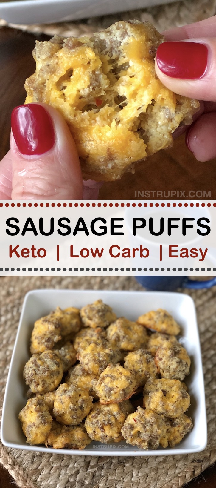 Easy low carb keto snack or breakfast idea! Cheesy Sausage Puffs | Instrupix.com
