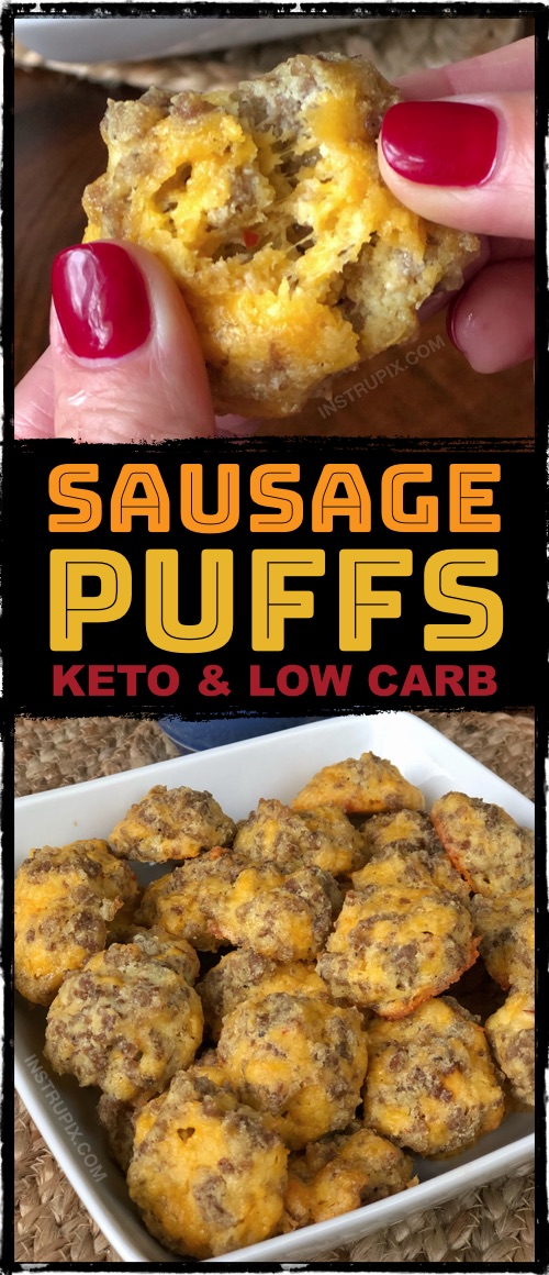 Looking for easy keto recipes? These Keto Sausage Puffs are great for beginners: as snacks or an on the go breakfast! Super quick and easy to make! Low carb and high protein, too. A go-to diabetes snack or even meal. #lowcarb #keto #instrupix #sausagepuffs