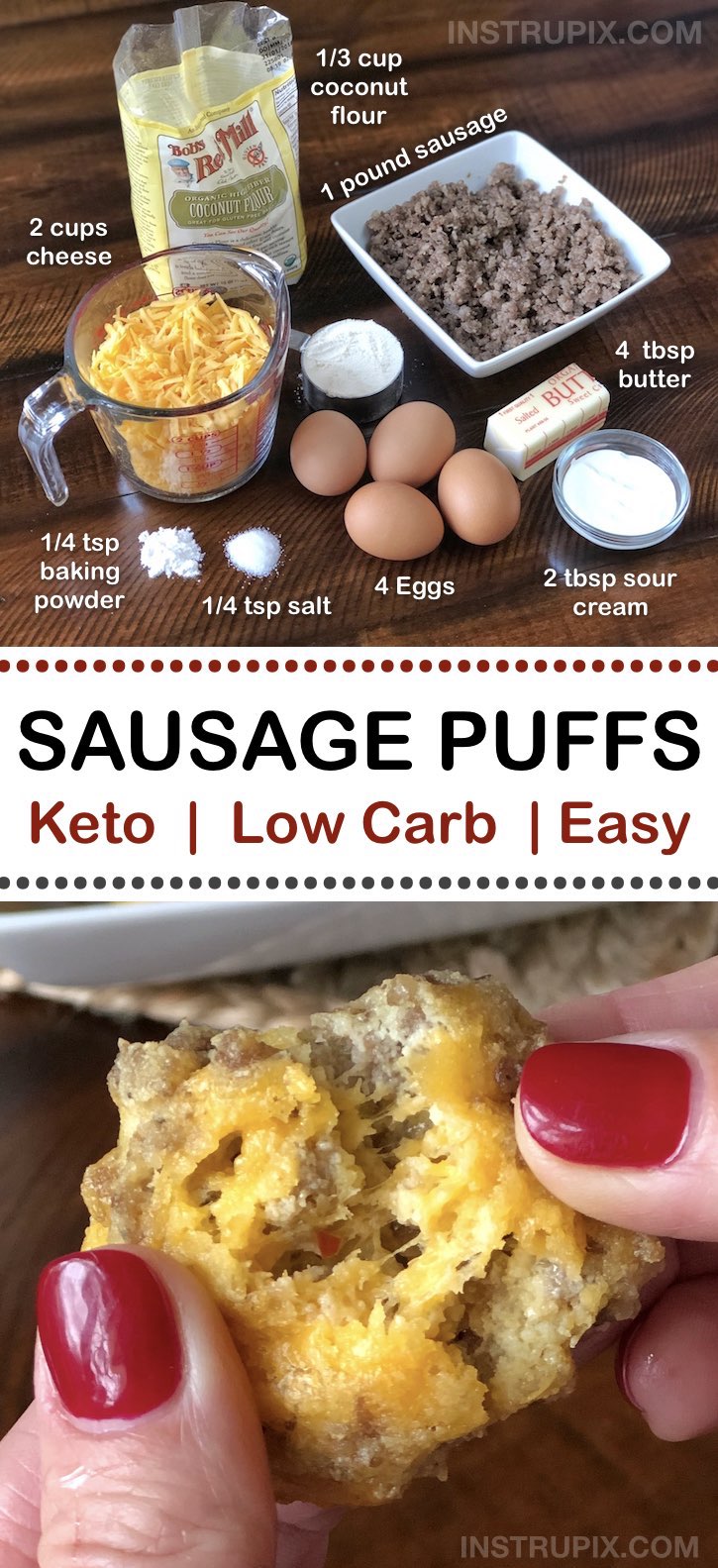 Cheesy Sausage Balls Recipe made with coconut flour! | An easy low carb and keto recipe idea for on the go! They're perfect for breakfast and snacks to take to work. Easy Ketogenic Diet, Atkins and Diabetic Recipe for weight loss. Looking for keto friendly and low carb recipes full of flavor? Your search ends here. Instrupix.com