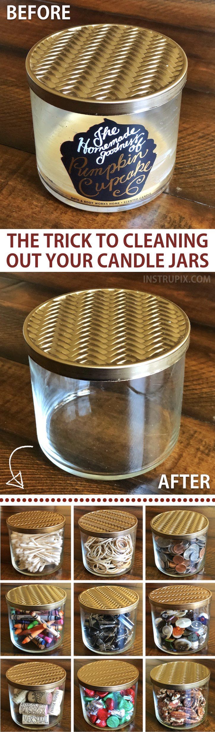 DIY: How to get wax out of candle jars! This easy trick takes hardly any effort at all, and is a great way to recycle, repurpose and reuse. Recycled projects and crafts are always my favorite because they're either really cheap or cost nothing at all. You could even sell these as pretty storage jars! A life hack everyone should know. Instrupix.com