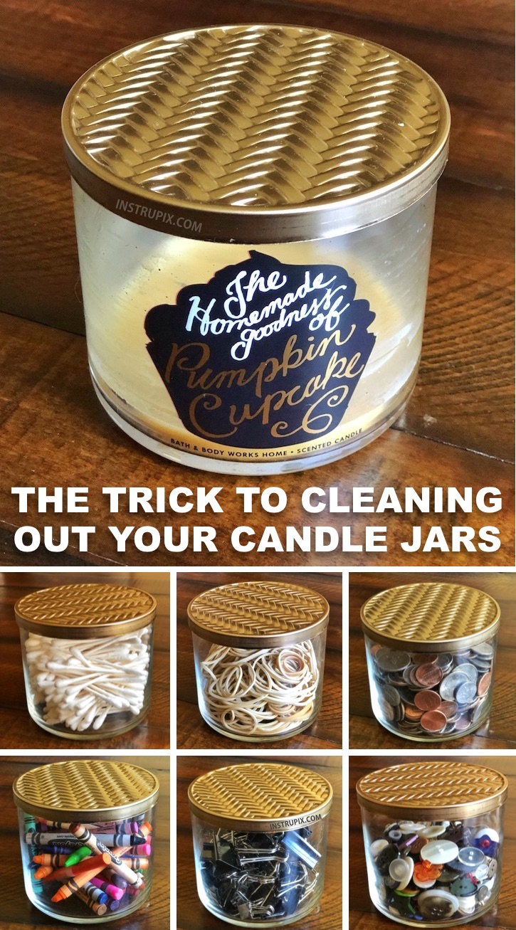 DIY Repurposed Items: How to easily get the wax out of your candle jars (The best helpful tip). A fantastic repurposing idea! Use them for organizing small items like qtips, rubber bands, buttons, change, cotton balls and more. Perfect for craft and office supplies. If you're looking for quick and easy upcycling ideas, this one is super simple and useful around the house. You could even decorate them to sell. A fun and cheap project for teenagers to make! DIY hack for the home. #diy #instrupix