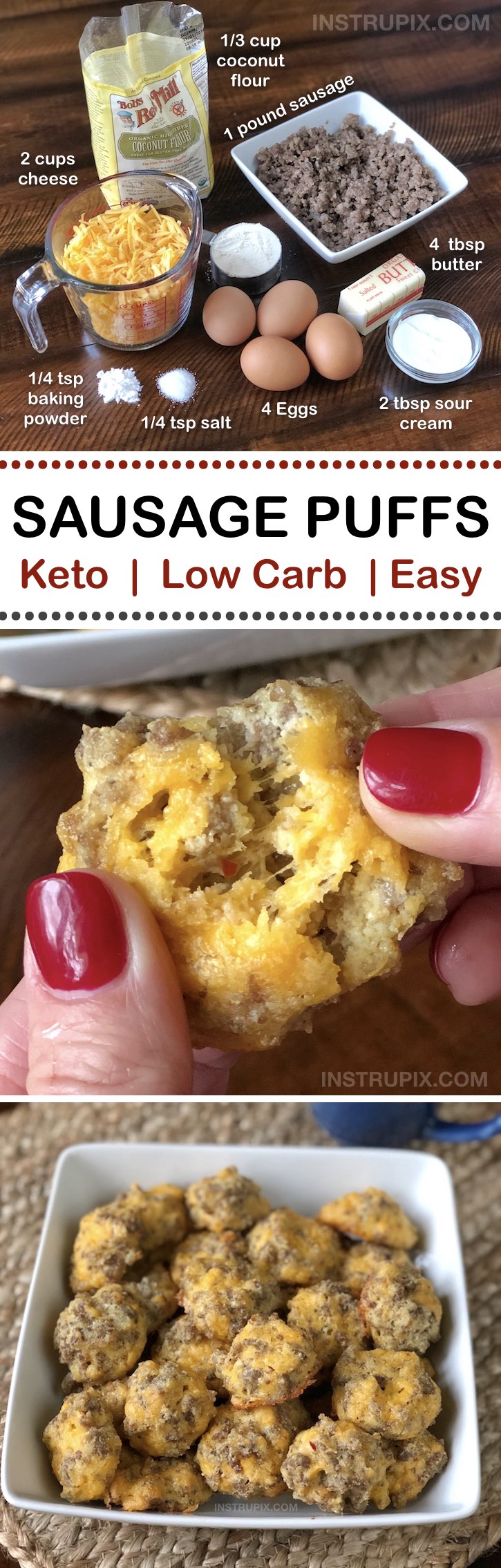 Cheesy Sausage Puffs | An easy low carb and keto recipe idea for on the go! They're perfect for breakfast and snacks through out the day. Easy Ketogenic Diet, Atkins and Diabetic Recipe for weight loss... low carb but full of flavor!! Instrupix.com