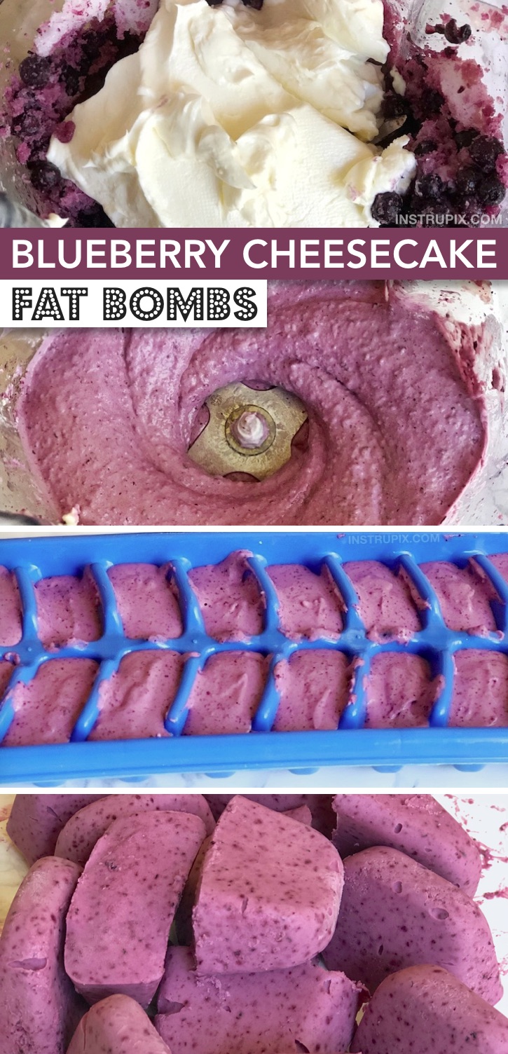 Blueberry Cheesecake Keto Fat Bombs -- Easy fat bombs made with cream cheese! These little keto treats are the best low carb craving crusher! The perfect keto dessert recipe for beginners. You simply mix everything together in a blender and then freeze in an ice cube tray. A delicious sugar free dessert for a ketogenic diet for diabetics or weight loss.