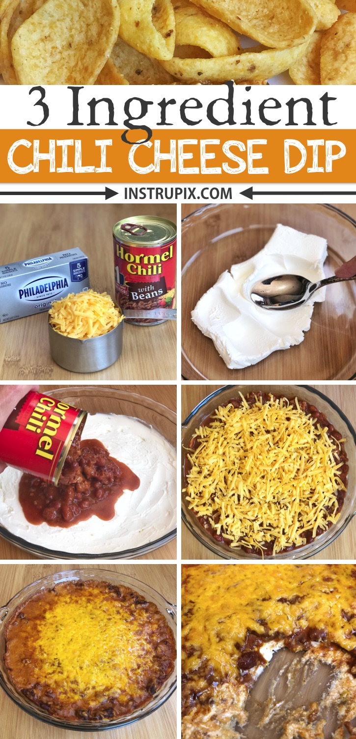 Easy 3 Ingredient Chili Cheese Dip Recipe -- This quick and easy appetizer dip is a real crowd pleaser! Serve it up with Fritos Scoops for the ultimate finger food. You can make it ahead and simply throw it in the oven just before serving. Best party appetizer and snack idea ever! | Instrupix.com