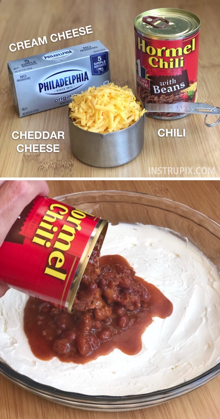 Quick and easy dip recipe for a party made with just 3 ingredients: cream cheese, chili and cheddar. So good! Serve with Fritos. Great for parties or game day. The best party appetizer idea for a crowd! 