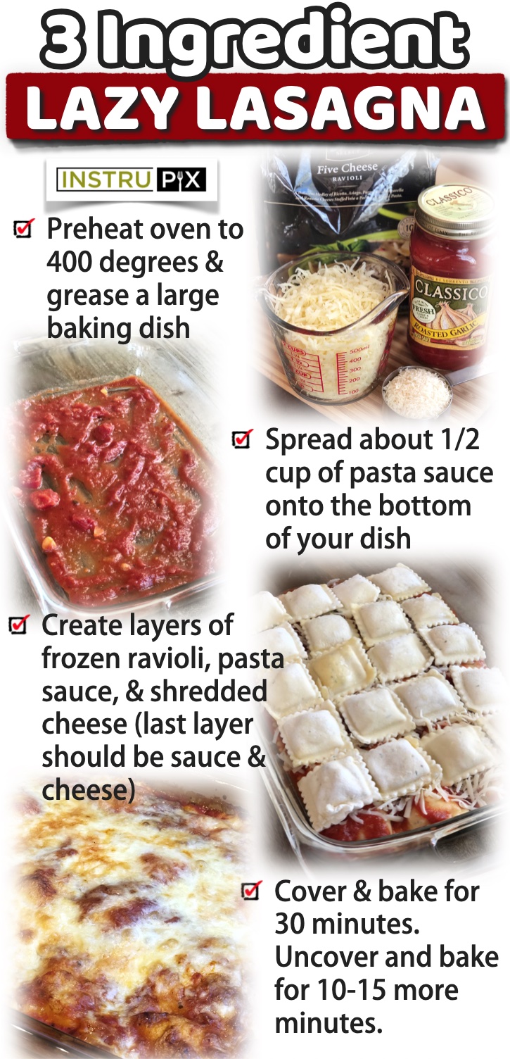 Lazy Lasagna | This quick and easy casserole is a family favorite dinner recipe for busy weeknight meals! My kids absolutley love it! Plus, it's cheap to make with just a few ingredients: frozen ravioli, pasta sauce, and cheese. You can use any ravioli you'd like such as cheese, spinach or chicken, plus you can add to the layers with ground beef or veggies. Super versatile! My picky eaters gobble it up every time. It's also really good leftover for lunch or dinner the next day. The best lazy day dinner!
