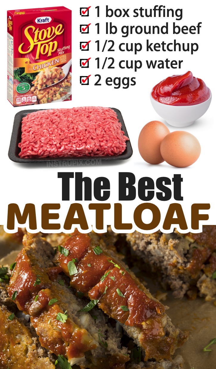 My family loves this cheap and easy ground beef dinner recipe! Meatloaf has never been so good, and so simple to make with just a few ingredients. If you're looking for budget friendly meals for your picky family, you've got to try making meatloaf with a box of Stove Top stuffing. Seriously, the best weeknight meal! Some serious comfort food especially served with mashed potatoes and gravy. This main dish requires very little prep and clean up, just about an hour in the oven. So good!