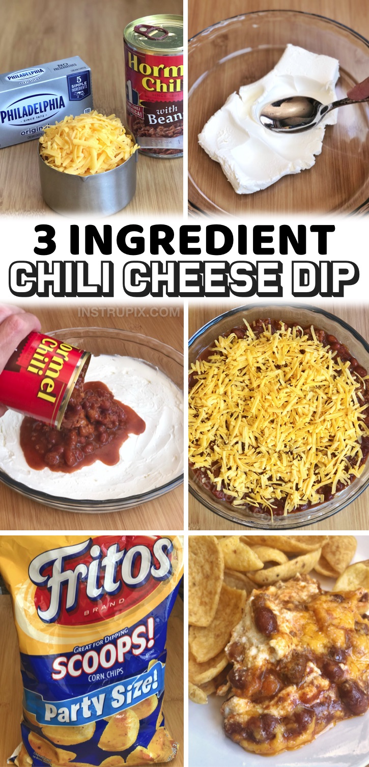 The best quick and easy party appetizer for chips! If you like to party and eat good food, but you’re super lazy like me, then this appetizer was made for you. Simply layer these 3 ingredients together in a pie dish (cream cheese, canned chili and shredded cheddar), and bake for 25 minutes. That’s it! This creamy dip is absolutely delicious served with Fritos Scoops or tortilla chips. Great for family get-togethers, game day, football sunday, birthdays, potlucks and more. Yummy!