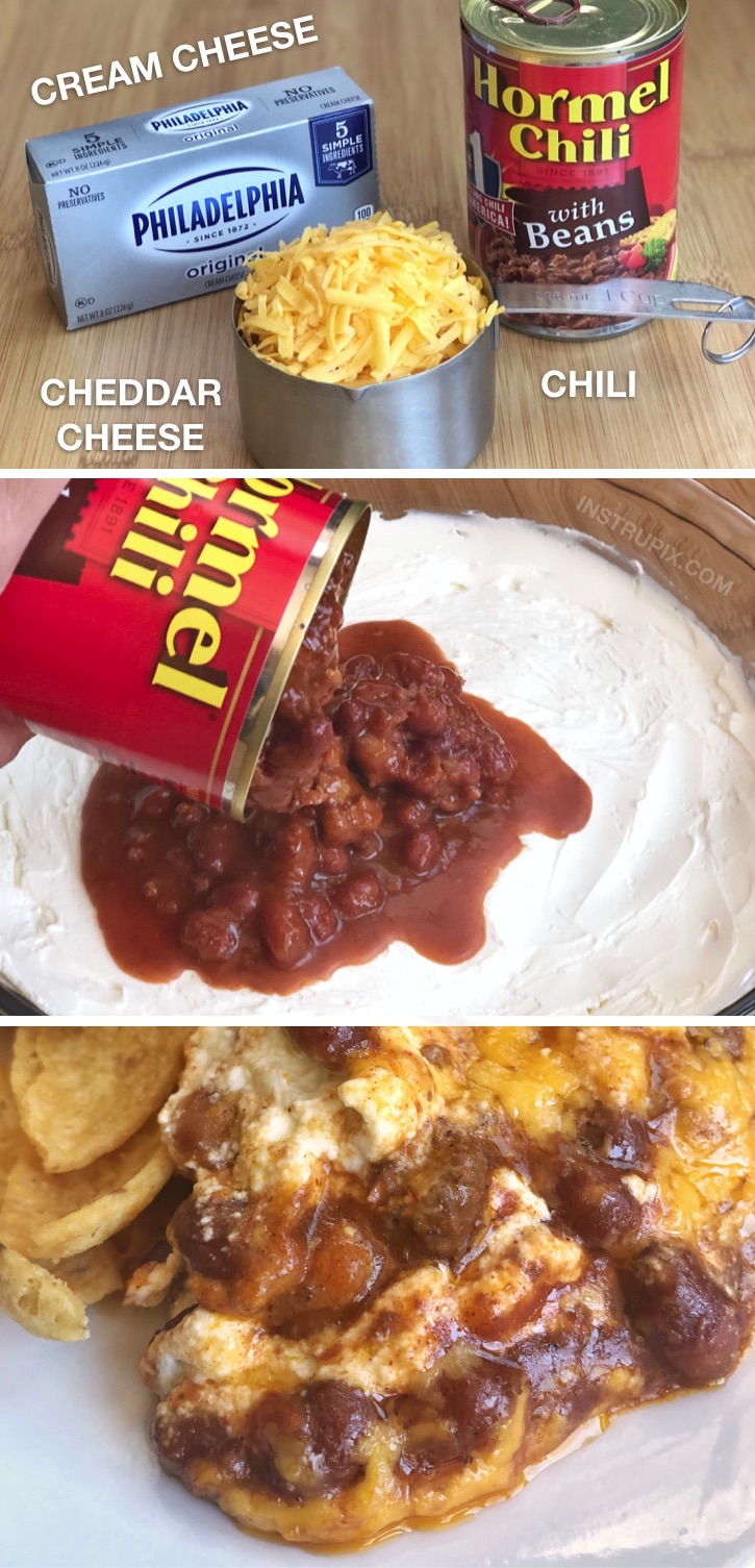 Looking for quick and easy party dip appetizers? This easy warm chili cheese dip is made with just 3 ingredients: cream cheese, chili and cheddar. It's the best party dip, ever! Serve with Fritos chips. This is a crowd pleaser and it's so cheap and simple to make. #instrupix #partydip #3ingredients