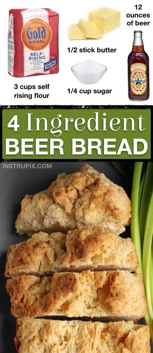 The BEST easy homemade beer bread recipe made with just 4 simple ingredients! Self rising flour, butter, sugar and beer. 