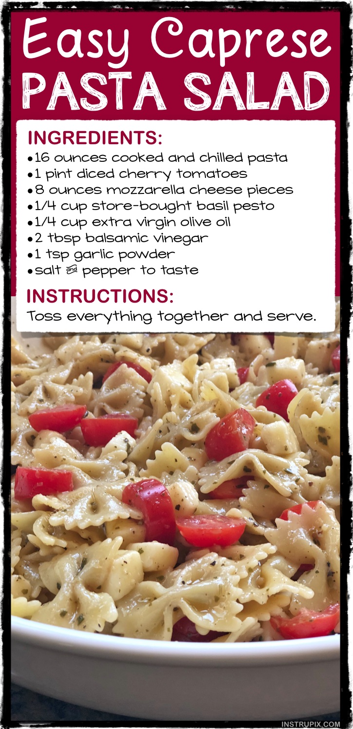 Quick and Easy Cold Italian Pasta Salad Recipe -- Made with simple ingredients! It's perfect for parties, family gatherings, potlucks and BBQs! A fabulous summer side dish. Just like a caprese salad! | Instrupix.com