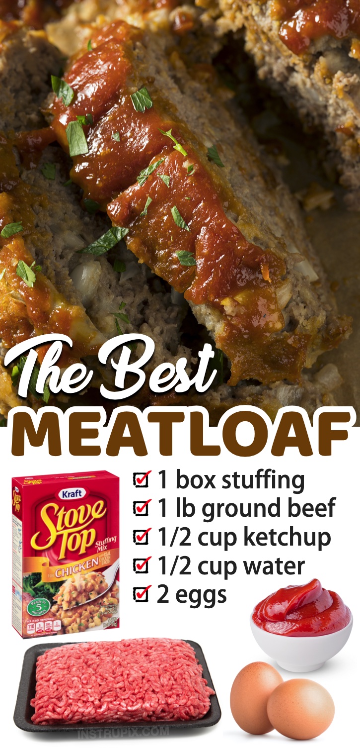 Meatloaf Made With Boxed Stuffing | You mean that’s all I have to do is dump a box of stuffing together with ground beef and eggs? Yes! A super quick and easy dinner recipe that your entire family will love. This ain't your mom's stuffing. It's packed full of flavor yet is super simple and cheap to make with just a few ingredients. It's great for last minute dinners! A hearty and comforting meal especially during the cold winter months. It's savory with just a touch of sweetness from the ketchup. 