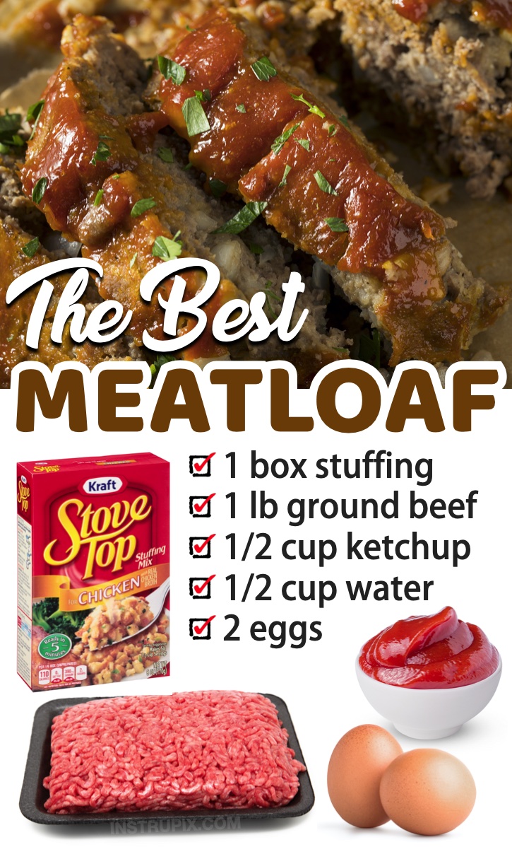My family loves this easy ground beef dinner recipe! These 4 simple and cheap ingredients come together like magic for the best weeknight meal. Even my picky kids love this delicious meatloaf! I've never really liked meatloaf until I tried making it with a box of Stove Top Stuffing. Boy does it make a difference! So much flavor and very little effort. This is such a quick and easy dinner recipe for busy weeknight meals. Serve with store-bought mashed potatoes and veggies for a comple meal. 