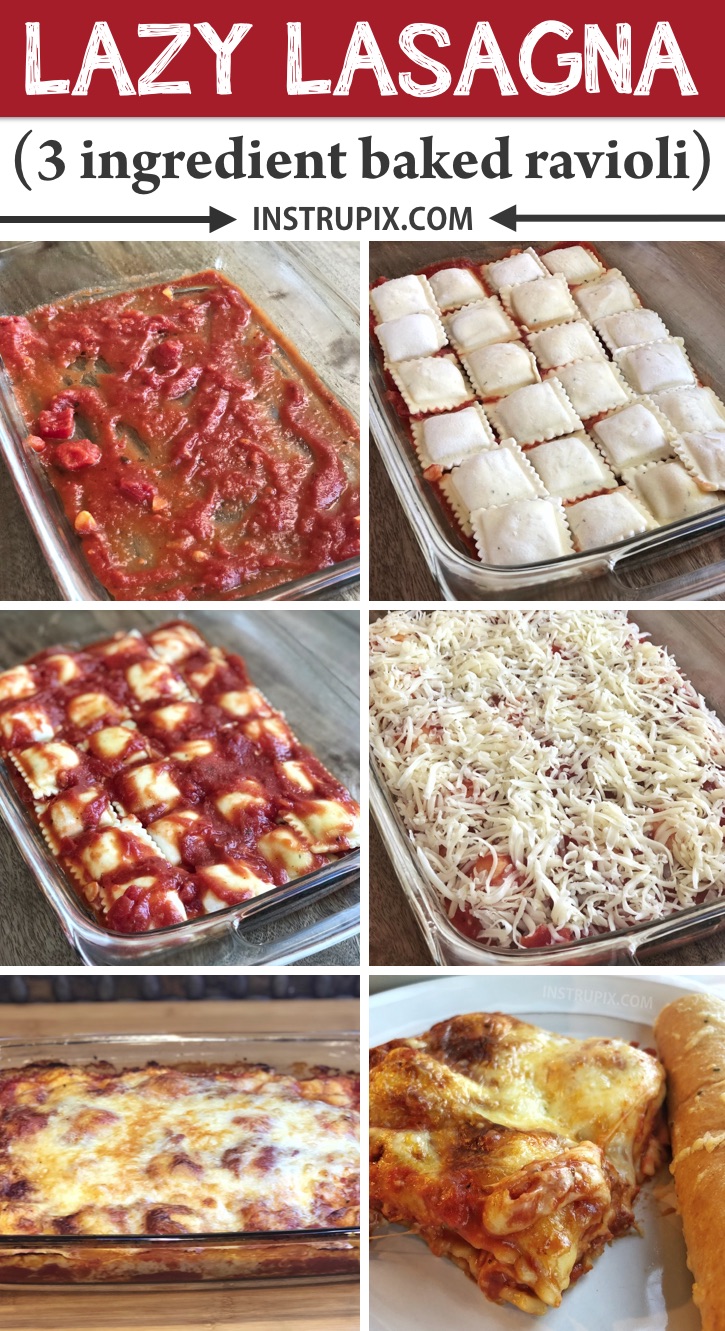 LAZY LASAGNA (3 Ingredient Ravioli Bake) -- This quick and easy dinner recipe is perfect for the family! It's just 3 ingredients (super cheap!), and an awesome main dish idea for any busy mom. Kids love it, and it's awesome left over too! Super budget friendly and vegetarian. | Instrupix.com