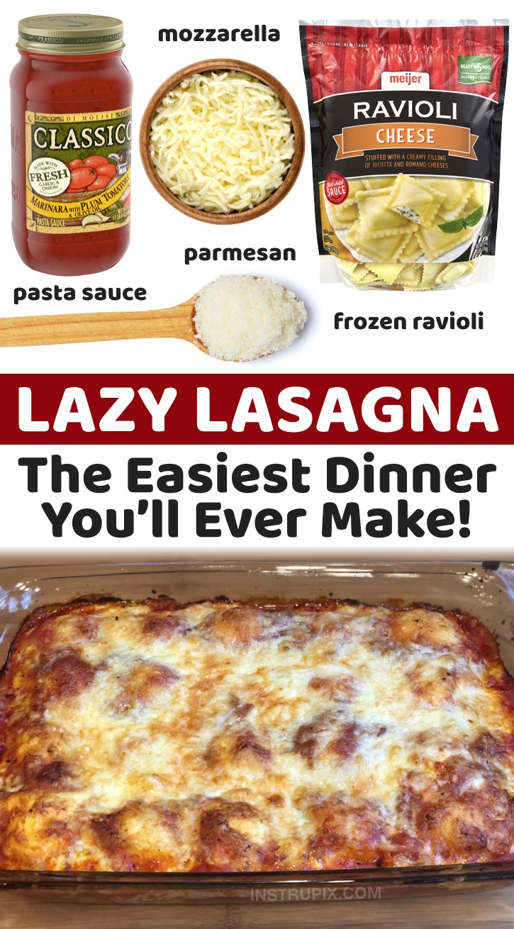 Most Popular Easy Dinner Recipes On Pinterest | It's called lazy lasagna for a reason! This quick and easy dinner recipe is perfect for a family with kids, especially if you have picky eaters and you're on a budget. This simple weeknight meal only requires 3 ingredients: frozen ravioli, pasta sauce and cheese. That's it! All of these cheap ingredients last for a long time, so this baked ravioli is perfect for last minute dinners when you don't have anything planned for your family. My kids just gobble it up, and it tastes just like lasagna!