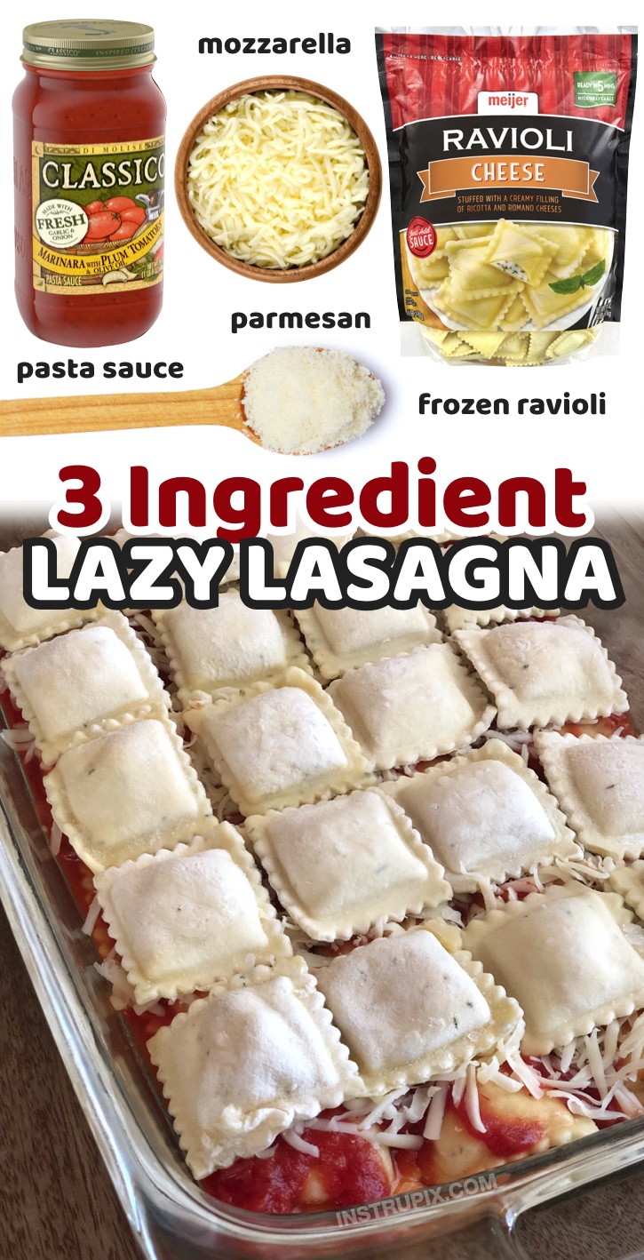 If you're looking for quick and easy dinner recipes for your picky eaters, your kids are going to love this cheap and simple lazy lasagna! It only requires 3 ingredients and is always a hit: frozen ravioli, pasta sauce, and shredded cheese. You can customize it with anything else if you'd like such as ground beef, spinach, veggies, sausage, etc. Any sauce works, too! Red or white. This easy dinner is a life saver on busy weeknights when you're too tired too cook but you've got a hungry family to feed. 