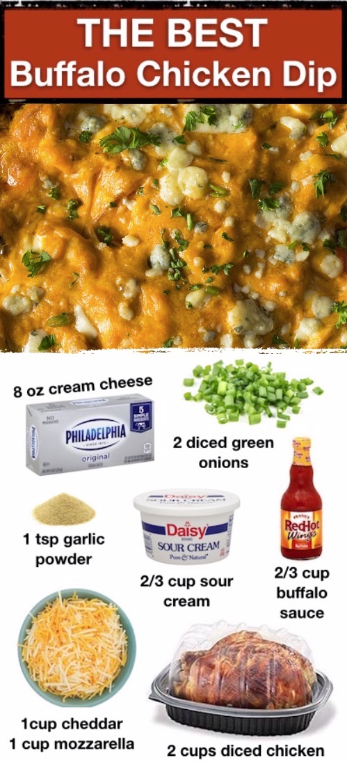 Looking for easy dip recipes for chips? This oven baked spicy buffalo chicken dip is a real crowd pleaser! Perfect for adult parties or as a snack at home, too. We like to serve this on footbal Sunday or any game day with tortilla chips. It's super quick and easy to make with simple ingredients including cream cheese, cheddar, mozzarella, sour cream, rotisserie chicken and buffalo sauce. How you go wrong with all that cheese? This is seriously the BEST appetizer idea for parties. #partyfood