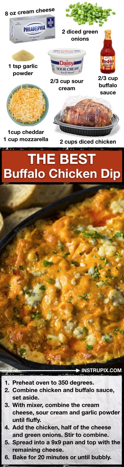 The BEST party appetizer dip, ever! Easy Buffalo Chicken Dip Recipe -- Make ahead, quick, simple and easy! Bake it in the oven in just 20 minutes. | Instrupix.com