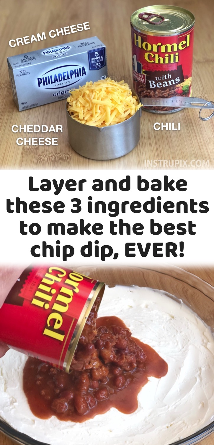 Easy Crowd Pleasers: This warm chili cheese chip dip is one of my favorite party appetizers because it's so darn yummy and simple to make with just 3 ingredients. It's seriously effortless. You just layer and bake a block of cream cheese, a can of chili and shredded cheddar cheese. The best party dip for tortilla chips or Fritos! It's cheap to make and you can make ahead the layers, and then just pop it in the oven when you're ready to serve it. Perfect for any special occasion, game day and super bowl Sunday. 