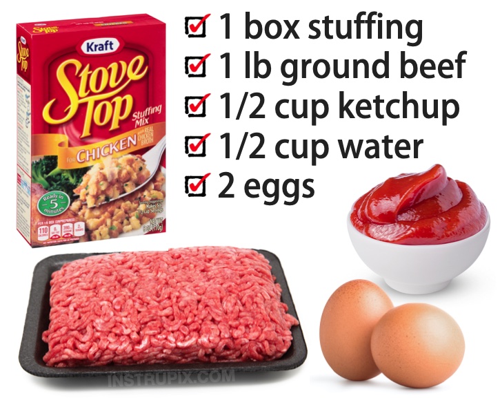 A super quick and easy dinner recipe made with just ground beef, stove top stuffing, ketchup and eggs! A family favorite meal. Super cheap and budget friendly to make, too. My picky kids love it!
