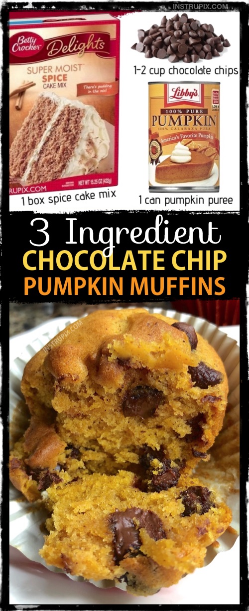 3 Ingredient Chocolate Chip Pumpkin Muffins Recipe made with spice cake mix! A quick and easy fall and halloween treat idea. #fallfood #instrupix #cakemixrecipes #halloween 