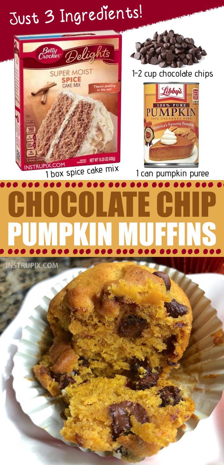 YUM!! My favorite quick and easy Fall treat! These chocolate chip pumpkin muffins are made with just 3 ingredients! Spice cake mix is the secret. Try spreading a little cream cheese on top! SO GOOD! | Instrupix