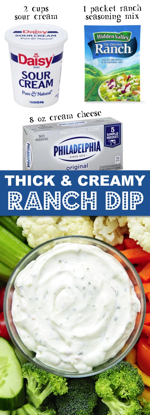 The BEST thick ranch dip for chips and veggies! This quick and easy homemade recipe is made with just 3 ingredients: cream cheese, sour cream and a Hidden Valley Ranch packet. | Instrupix