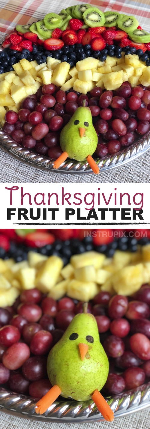 Thanksgiving Idea: How to make a fun and easy fruit tray! Great for hosting a party! This turkey fruit platter appetizer is always a hit. It's a beautiful table display for parties and holiday gatherings! Kids love it. | Instrupix