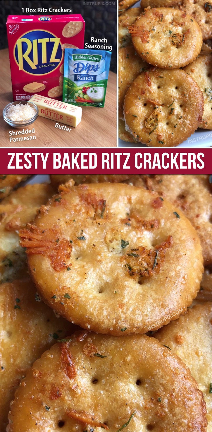 Zesty Baked Ritz Crackers (made with butter, ranch seasoning mix and parmesan). These are a family favorite snack idea, the kids love them. They are also great as a party appetizer served with cheese or deli meat. #funsnacks #ritz #instrupix