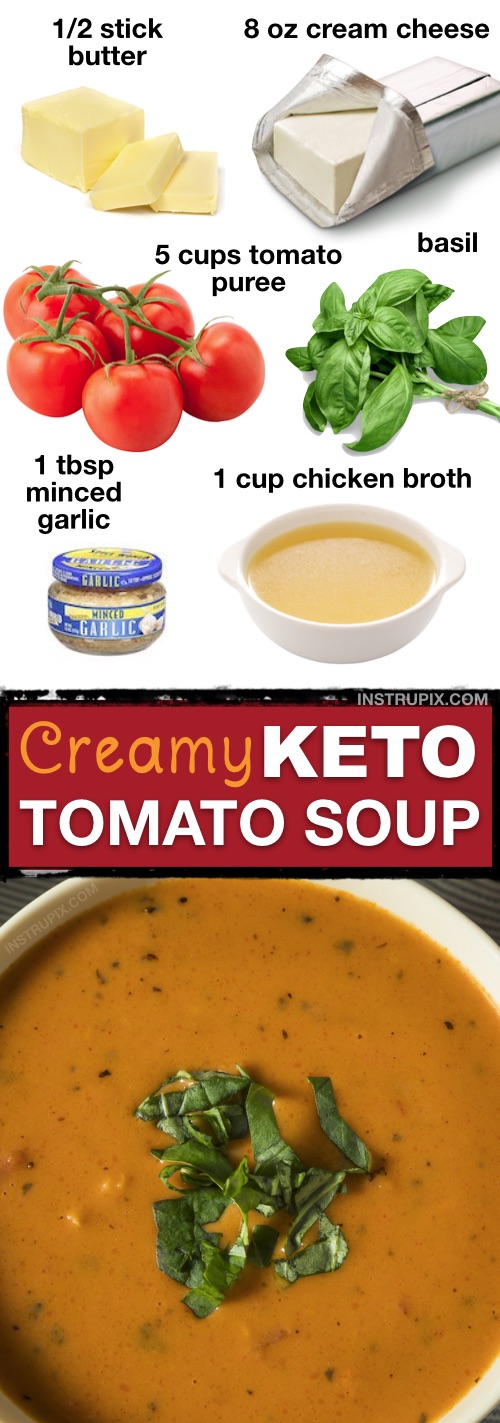 7 Easy Low Carb Soup Recipes (Keto Friendly!) | This low carb creamy tomato soup is so easy and delicious! It's made with just a few ingredient including cream cheese to make it extra creamy and delicious. I love this soup served for lunch with keto breadsticks or even parmesan crisps. | Instrupix