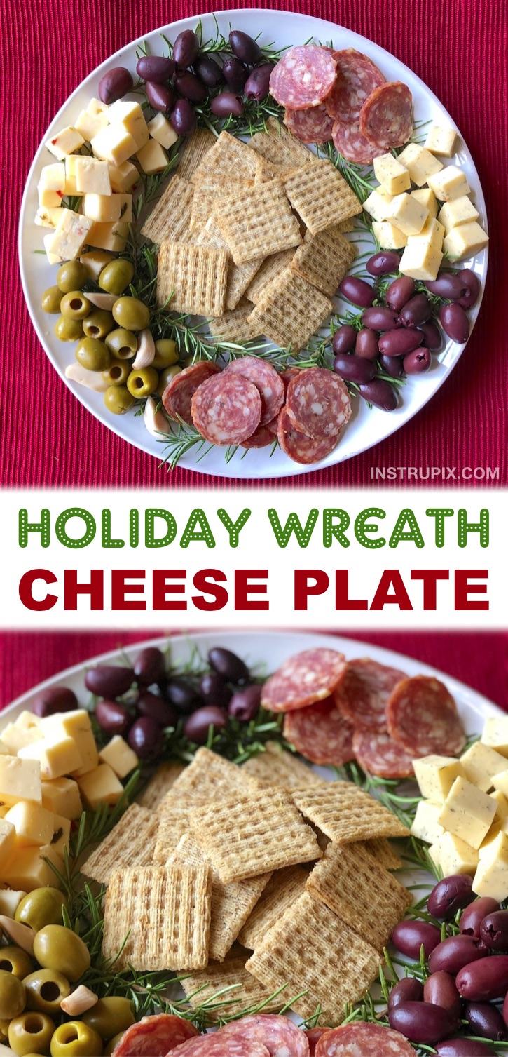 Looking for quick and easy cold appetizer ideas for Christmas? Simply arrange a cheese plate like a holiday wreath! So simple to make. A no bake, make ahead cold party appetizer for the holidays. Holiday Wreath Cheese Plate #christmas #appetizers #fingerfood #holidays #instrupix