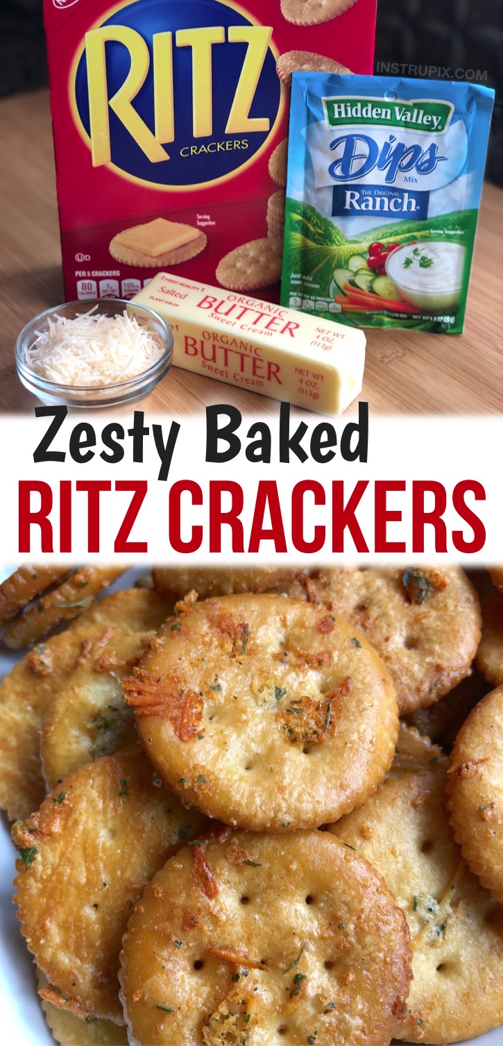 Looking for fun snack ideas? These baked Ritz crackers are so quick and easy to make with just a few ingredients including a packet of ranch seasoning. Kids, teens AND adults love this creative snack! These butter coated and baked crackers are so simple to make and great for at home, after school, on the go, sports practice, lunchboxes and more. Really cheap to make, too! So many creative Ritz cracker recipes to make-- snacks, sweets, appetizers and more. #ritz #instrupix #snacks #funfood