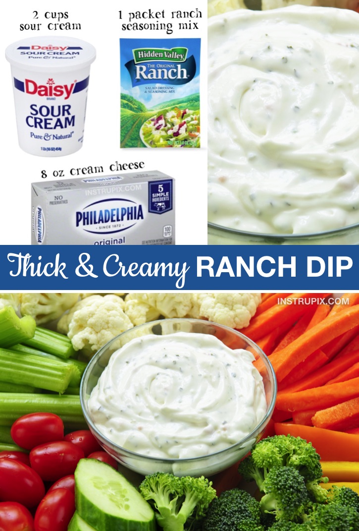 Easy Homemade Ranch Dip Recipe made with hidden valley, sour cream and cream cheese. Just 3 ingredients! Perfect for veggies, chips or wings! #ranch #instrupix