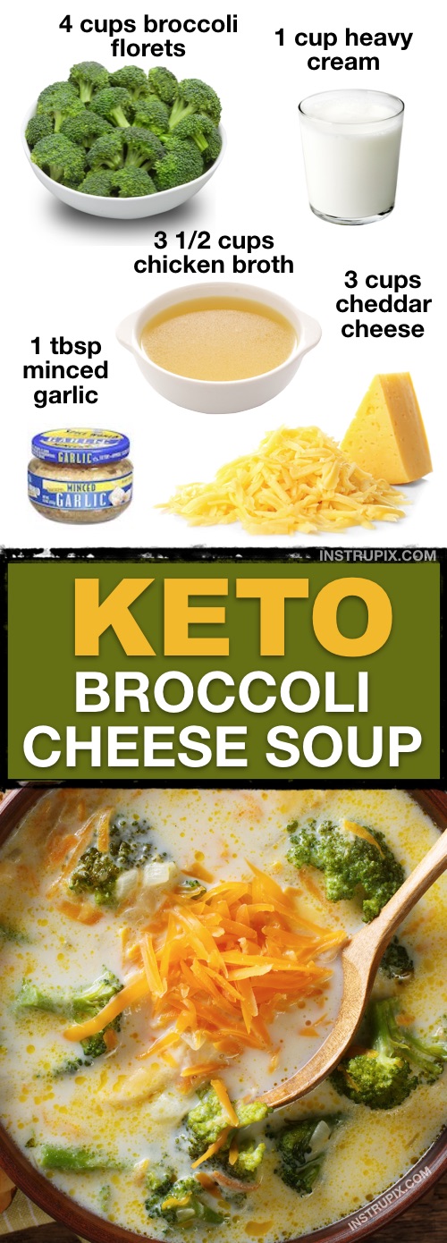 7 Easy Low Carb Soup Recipes (Keto Friendly!) | This low carb gluten free broccoli cheese soup is the BEST! It's quick and easy, and great for meal planning your dinners and lunches for the week. Plus, it's cheap to make with just a few ingredients. Throw it together in no time on your stove top. | Instrupix