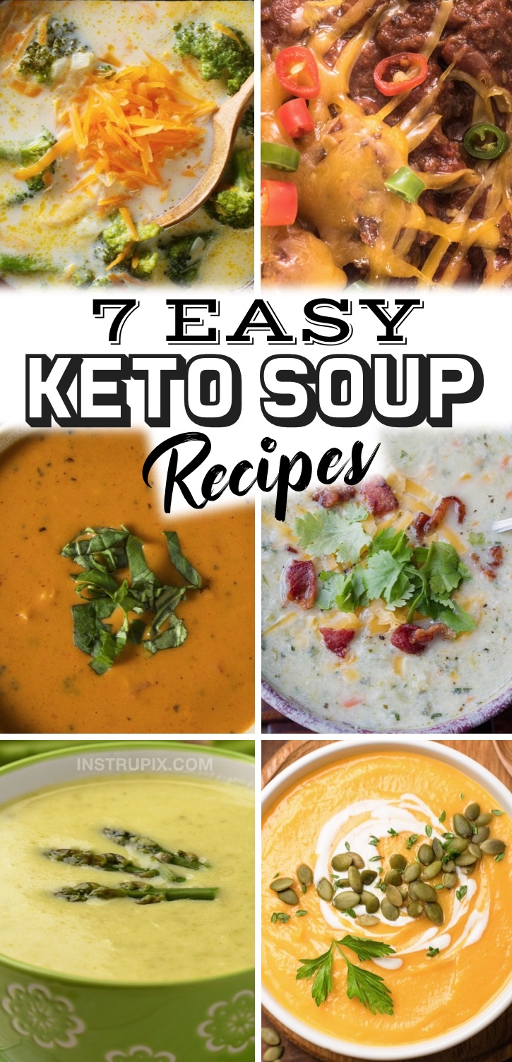 7 Quick & Easy Keto Soup Recipes | Looking for simple low carb dinner recipes? You can't go wrong with these healthy soup recipes! They are a must have if you are on a keto diet and like to meal plan for the week. They are just as good leftover and are easy to freeze for later. Most of these recipes are made with just a few ingredients and they are perfect for busy weeknight dinners. Everything from vegetarian broccoli cheese and dairy free ground beef chili to sausage and bacon loaded soups!