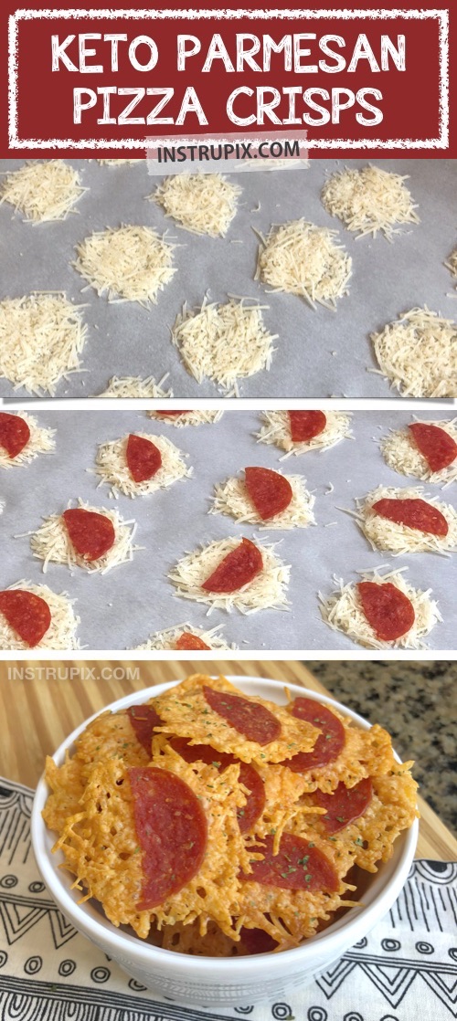 Easy keto and low carb snack ideas on the go -- These keto pizza chips are THE BOMB! The best keto snack recipe made with just 2 ingredients: parmesan and pepperoni. Yum! Perfect for work or school when you're having salt cravings. #instrupix