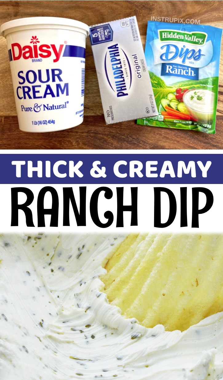 This easy homemade ranch dip is made with just 3 simple ingredients: a packet of ranch seasoning, cream cheese and sour cream. It's incredibly thick and delicious! It's perfect for potato chips or a veggie tray with carrots, tomatoes, celery, broccoli, etc. It's my go-to make ahead cold appetizer dip and snack idea for family gatherings and parties. This recipe feeds a crowd and is always a hit! If you like ranch dressing, you're going to love this thick dipping version.