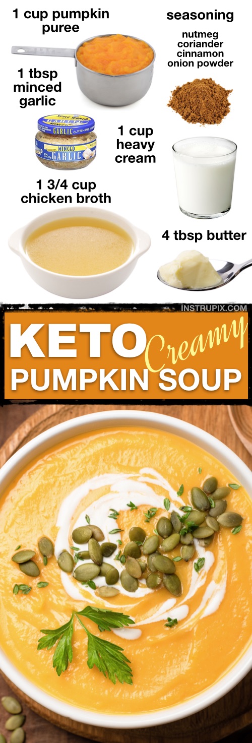 7 Easy Keto & Low Carb Soup Recipes | This creamy low carb pumpkin soup is ketogenic and so comforting! Delicious leftover too! It's perfect for the fall or winter when you're craving something warm and comforting, plus it made with just a few cheap ingredients.