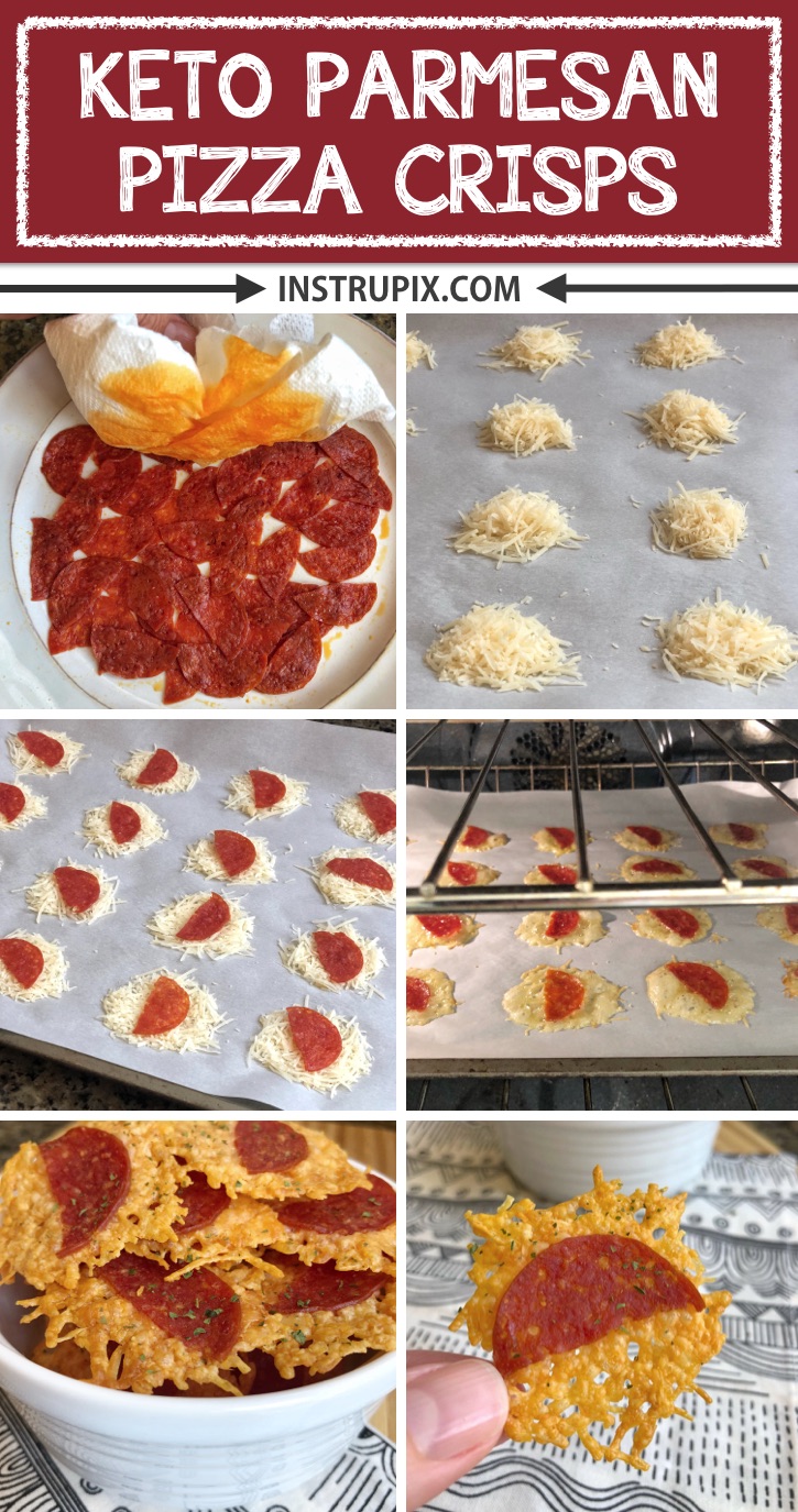 Just 2 ingredients! This keto snack idea is perfect for on the go! Keto Pizza Cheese Crisps. They are low carb, quick, easy and baked with simple ingredients: pepperoni and parmesan! An awesome crispy, 5 minute snack idea for a ketogenic diet. | Instrupix