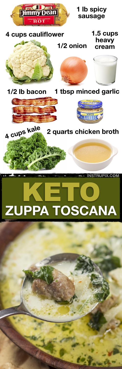 7 Quick and Easy Keto Soup Recipes (Low Carb & Healthy) | This low carb Italian soup is SO GOOD! Zuppa Toscana is an easy dinner idea for this fall and winter. Great for leftovers! The potatoes are replaced with cauliflower to make it low carb and healthy. This soup is packed full of fiber! It's also freezable and great for meal planning on a ketogenic diet.