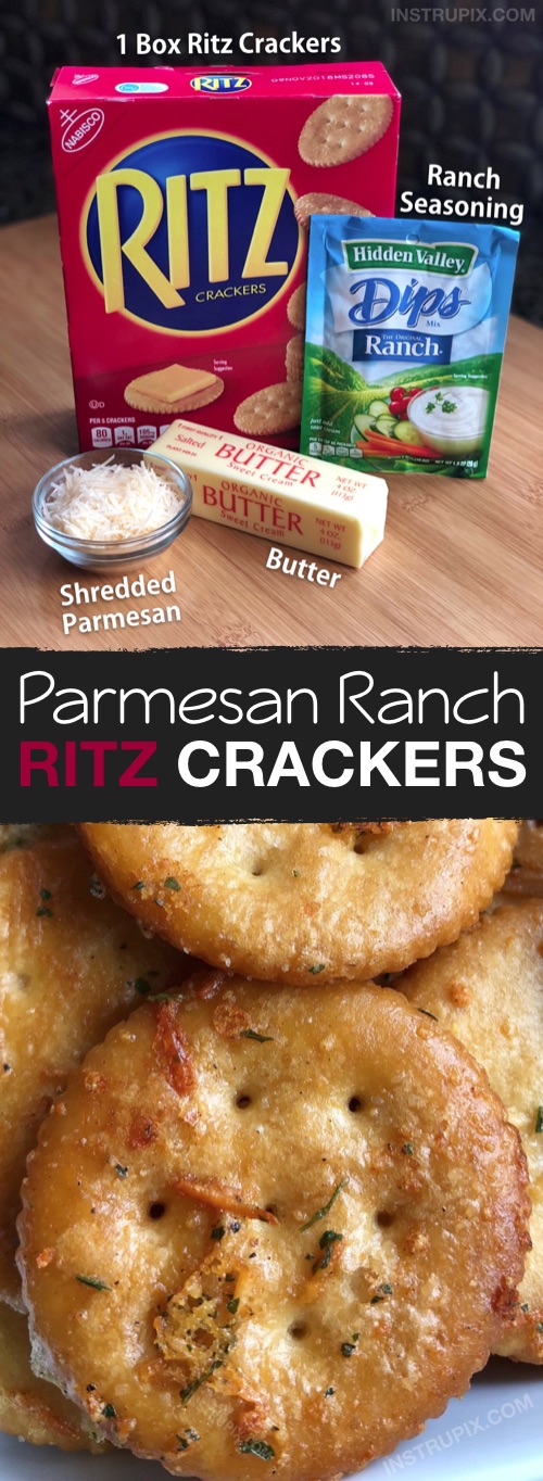 Zesty Baked Ritz Crackers -- SO GOOD!! (made with butter, ranch seasoning mix and parmesan). These are a family favorite snack idea, the kids love them. They are also great for parties. Perfect served with cheese or deli meat. | Instrupix